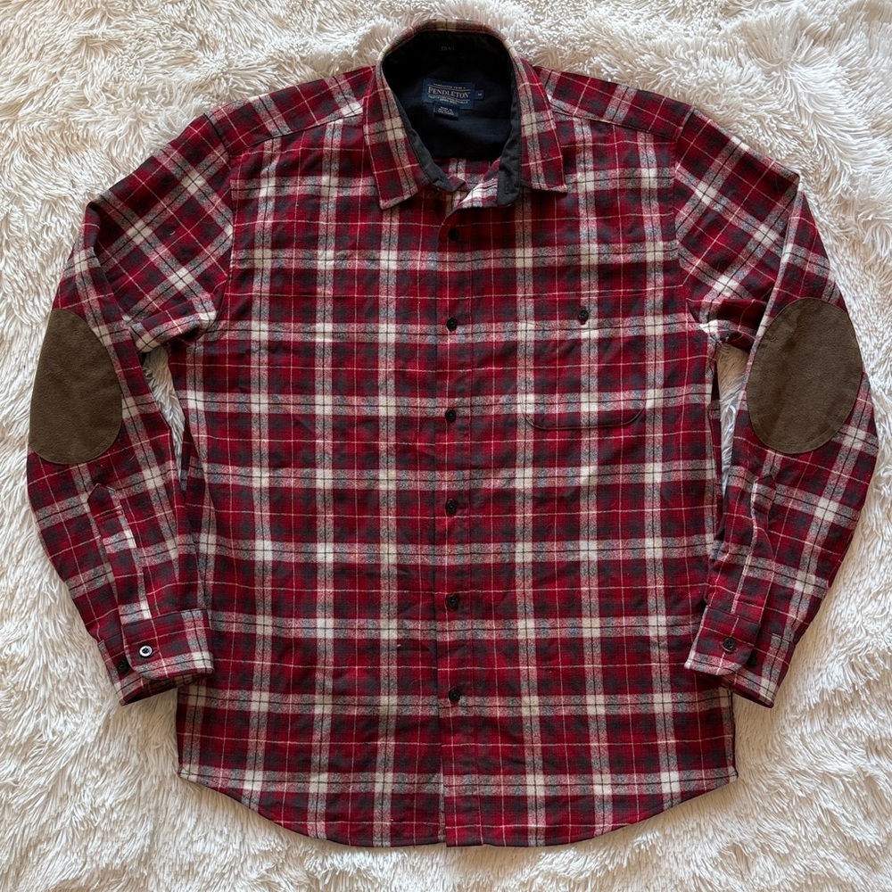 Pendleton Wool Trail Plaid Shirt Men's medium Flannel Button Up Elbow Patches